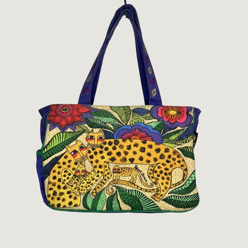 Laurel Burch Leopards of Shambala Tote Bag Cats Floral Canvas Purple Handles